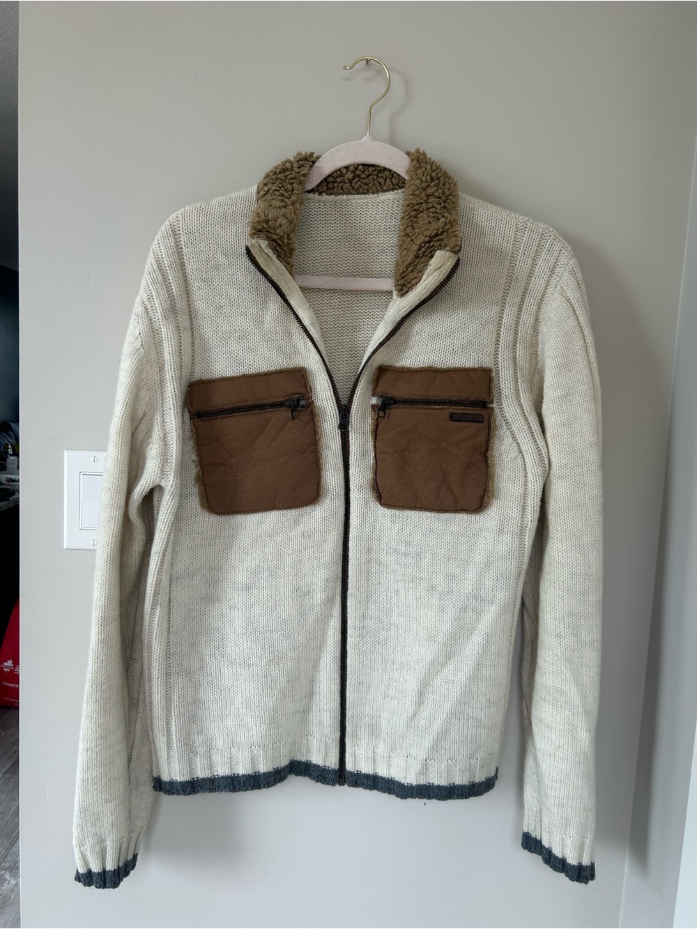 Vintage wool Cream Zip-Up Knit Sweater with Brown Pocket Accents